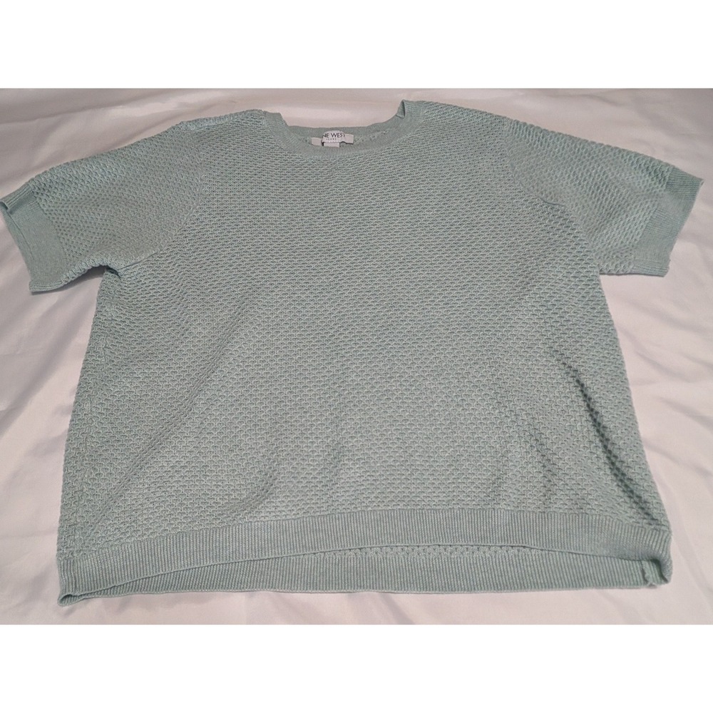 Nine West Jeans Sweater Top XL Mint Green Excellent Honeycomb Knit Short Slv